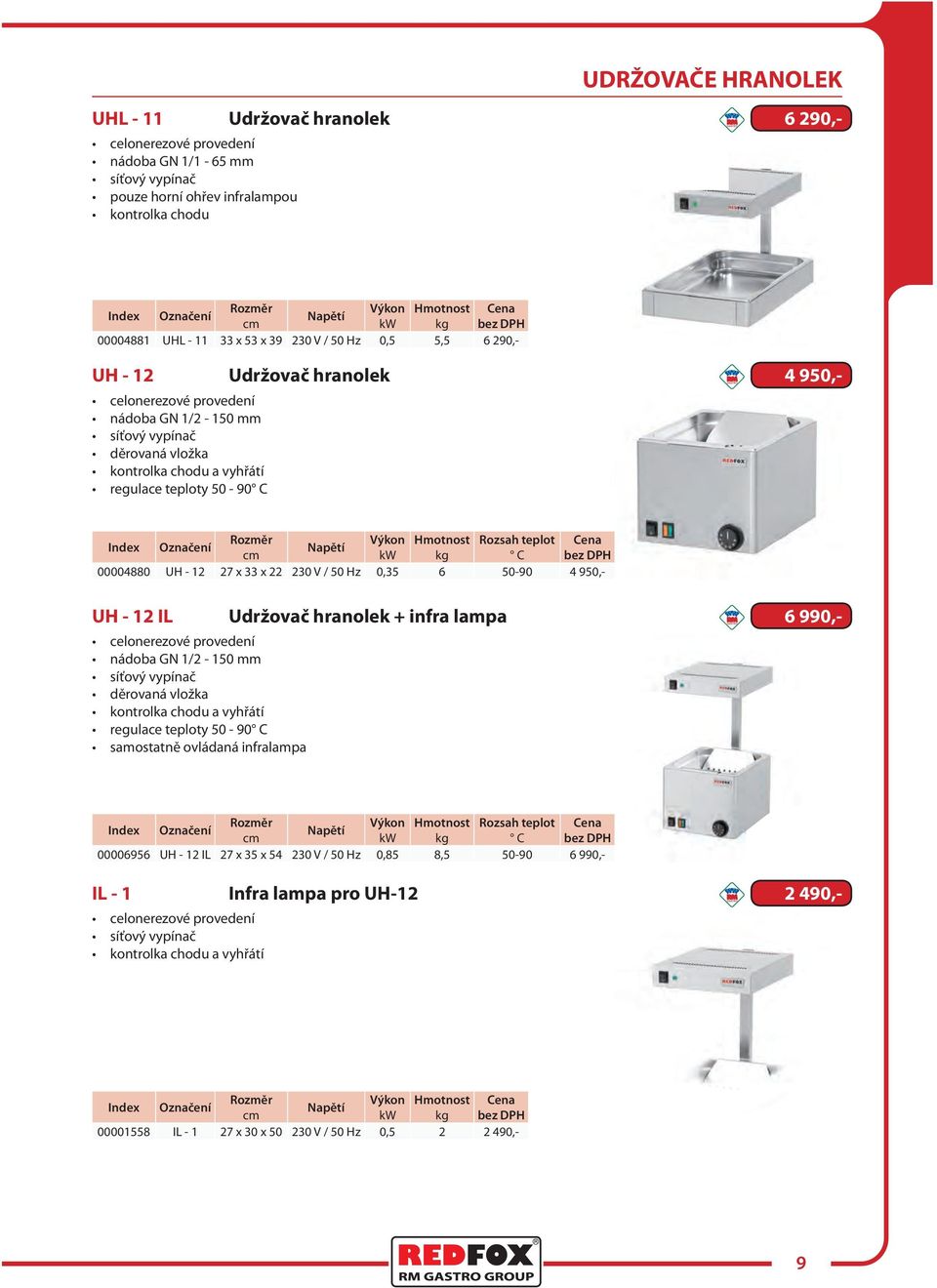 00004880 UH - 12 27 x 33 x 22 230 V / 50 Hz 0,35 6 50-90 4 950,- UH - 12 IL Udržovač hranolek + infra lampa 6 990,- nádoba GN 1/2-150 mm síťový vypínač děrovaná vložka kontrolka chodu a vyhřátí