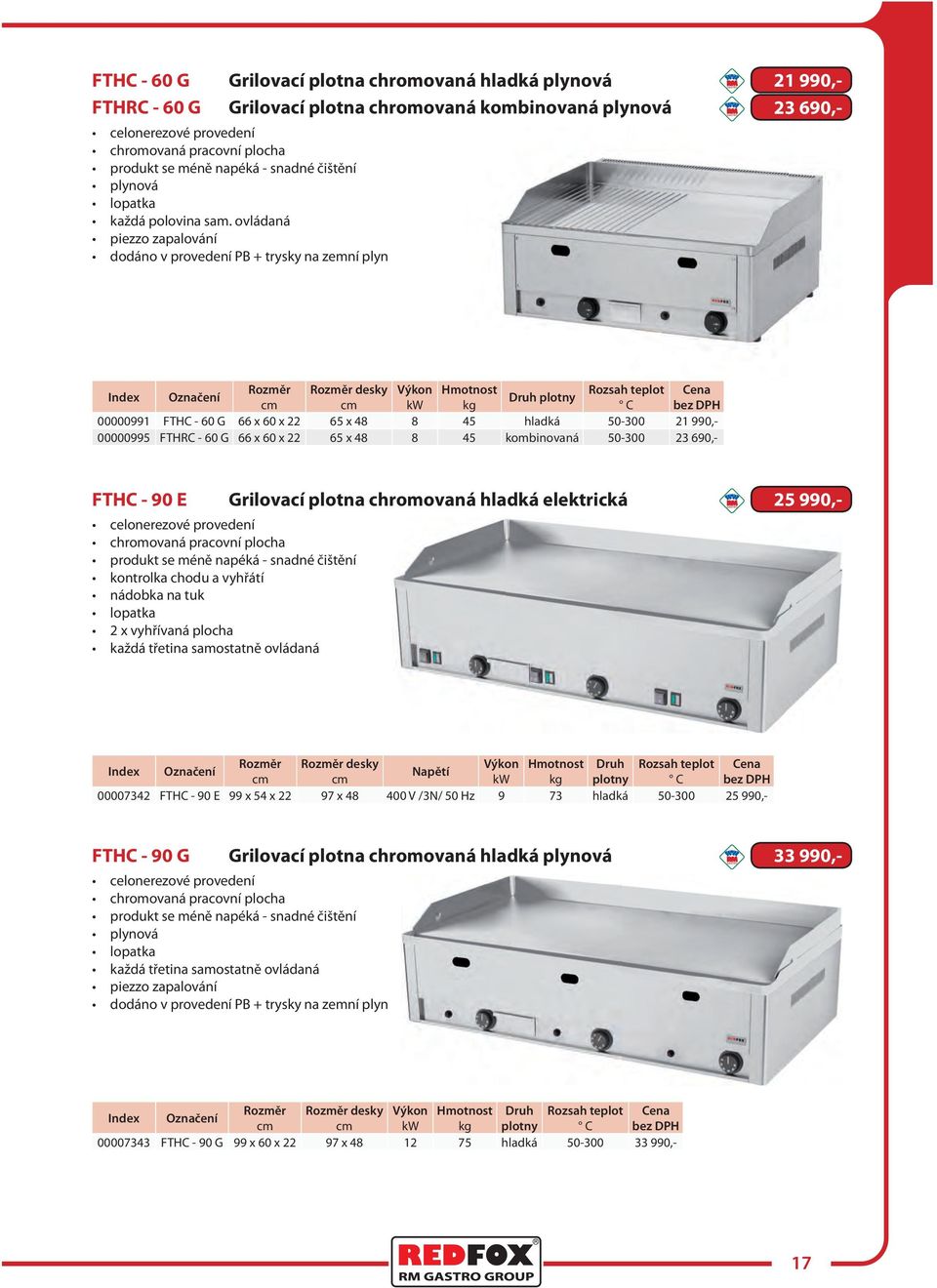 ovládaná piezzo zapalování dodáno v provedení PB + trysky na zemní plyn desky Výkon Hmotnost Rozsah teplot Druh plotny kw kg C 00000991 FTHC - 60 G 66 x 60 x 22 65 x 48 8 45 hladká 50-300 21 990,-