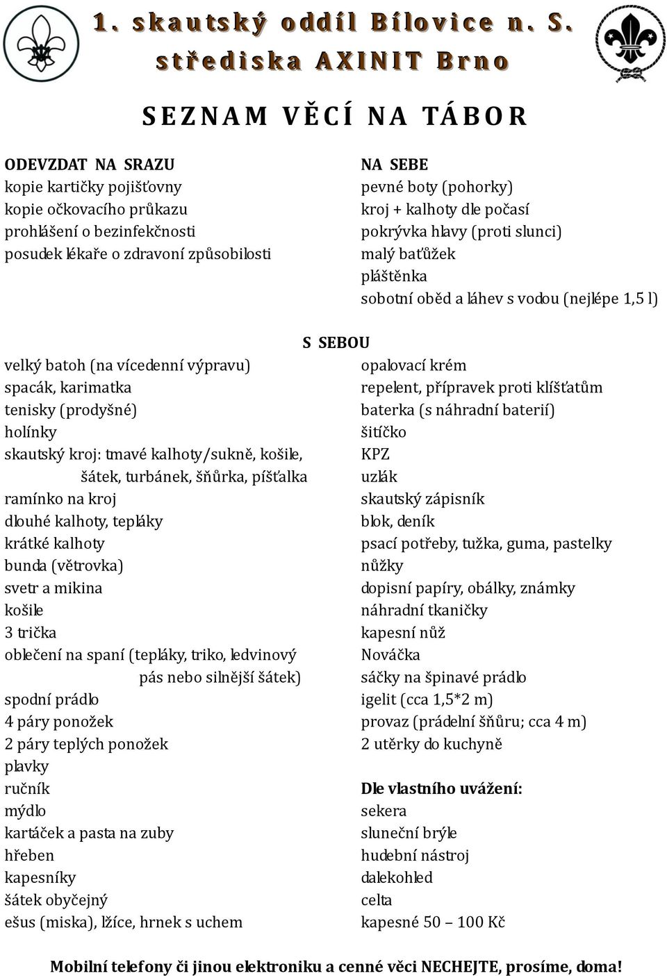 holínky skautský kroj: tmavé kalhoty/sukně, košile, šátek, turbánek, šňůrka, píšťalka ramínko na kroj dlouhé kalhoty, tepláky krátké kalhoty bunda (větrovka) svetr a mikina košile 3 trička oblečení