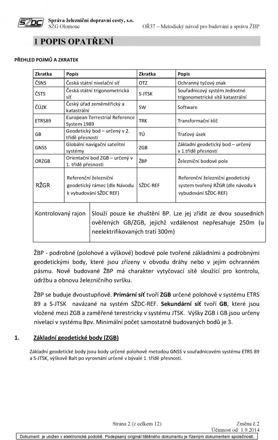 třídě přesnosti TÚ Traťový úsek GNSS Globální navigační satelitní systémy ZGB Základní geodetický bod - určený v l.třídě přesnosti ORZGB Orientační bod ZGB - určený v 1.