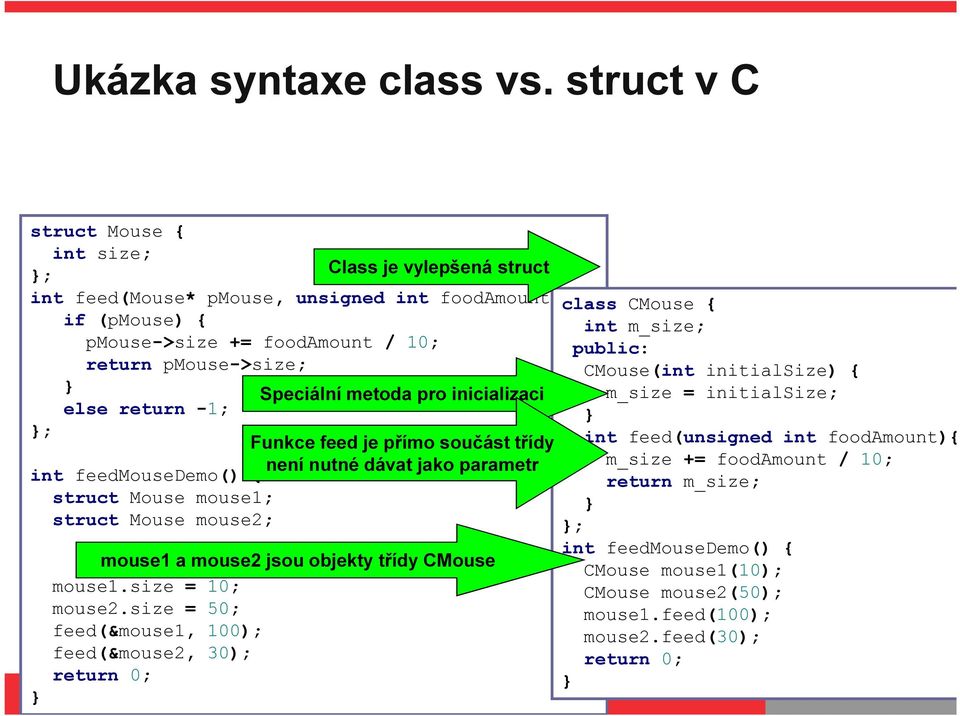 -1; Speciální metoda pro inicializaci Funkce feed je přímo součást třídy není nutné dávat jako parametr int feedmousedemo() { struct Mouse mouse1; struct Mouse mouse2; mouse1 a mouse2 jsou objekty