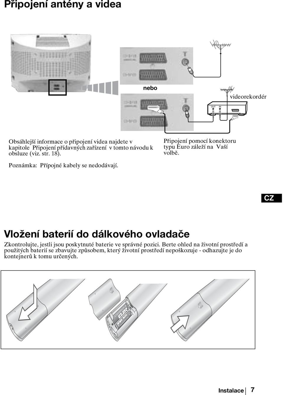 Vložení baterií do dálkového ovladače Zkontrolujte, jestli jsou poskytnuté baterie ve správné pozici.