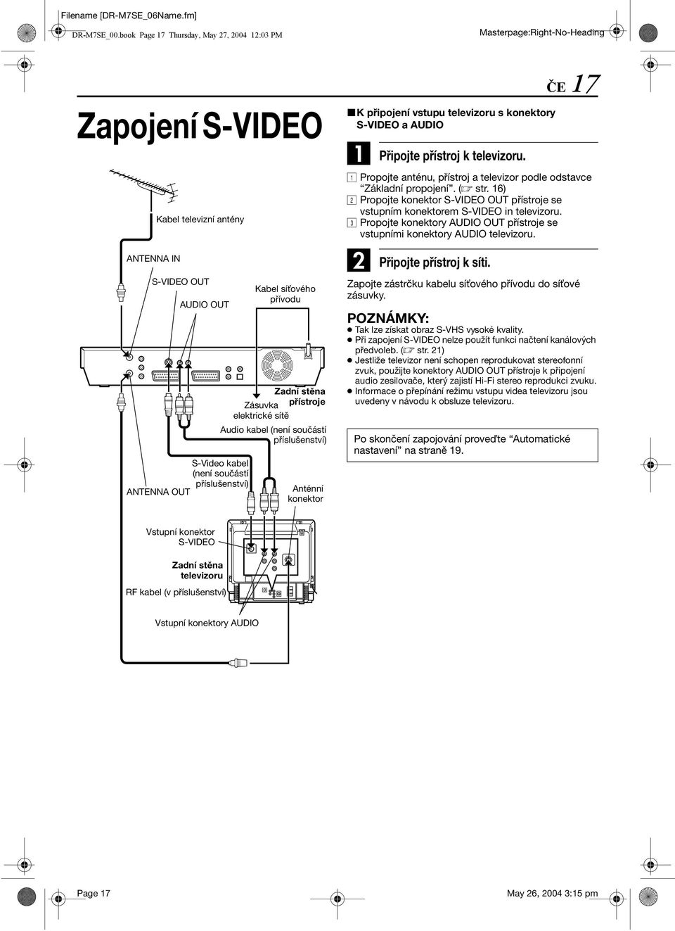OUT S-Video kabel (není součástí příslušenství) NTENN OUT Kabel sí ového přívodu Zadní stěna Zásuvka přístroje elektrické sítě udio kabel (není součástí příslušenství) nténní konektor Připojte