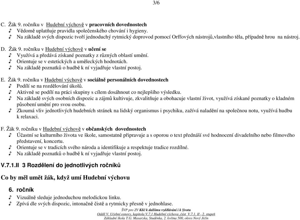 ročníku v Hudební výchově v učení se Využívá a předává získané poznatky z různých oblastí umění. Orientuje se v estetických a uměleckých hodnotách.