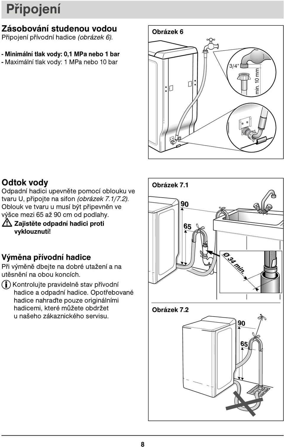 10 mm Odtok vody Odpadní hadici upevněte pomocí oblouku ve tvaru U, připojte na sifon (obrázek 7.1/7.2).