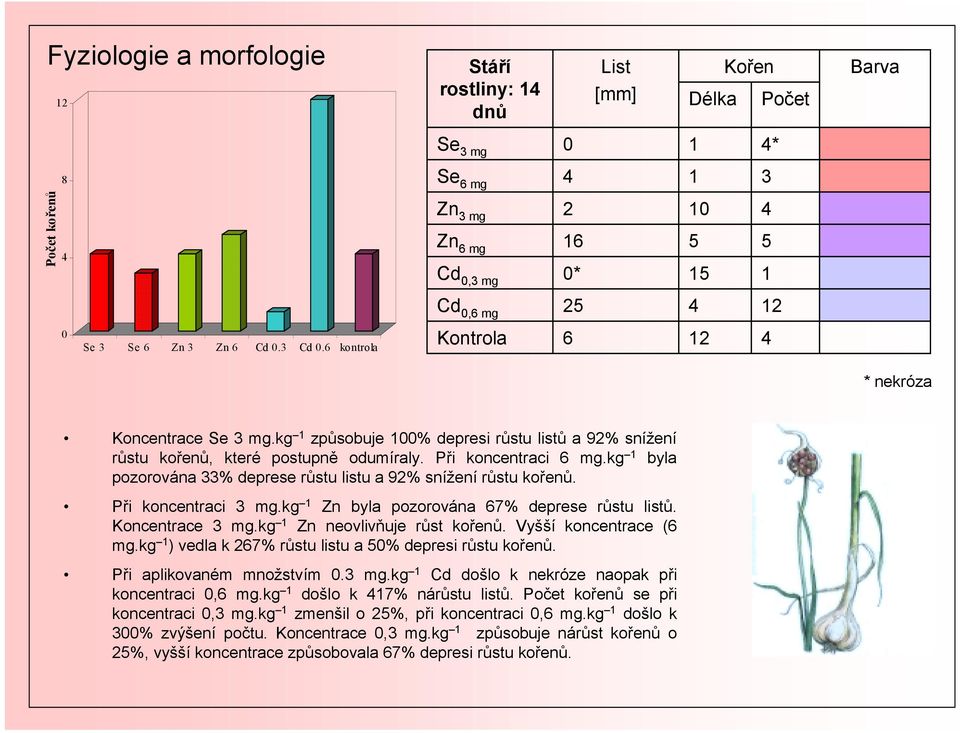 kg 1 byla pozorována 33% deprese růstu listu a 92% snížení růstu kořenů. Při koncentraci 3 mg.kg 1 Zn byla pozorována 67% deprese růstu listů. Koncentrace 3 mg.kg 1 Zn neovlivňuje růst kořenů.