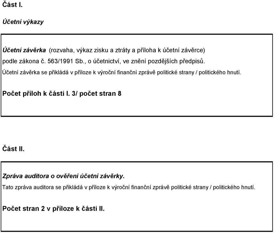 Účetní závěrka se přikládá v příloze k výroční finanční zprávě politické strany / politického hnutí. Počet příloh k části I.