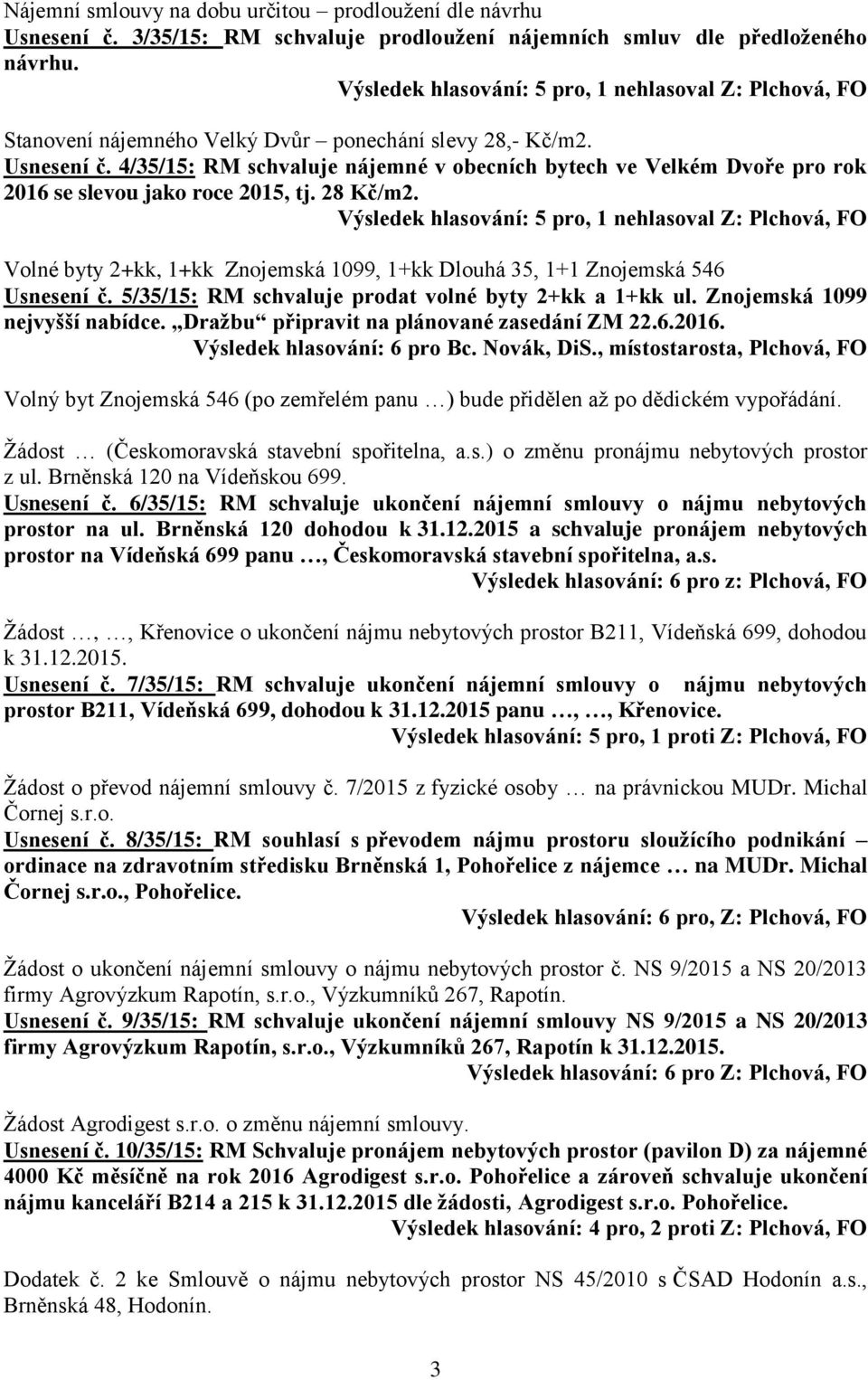 4/35/15: RM schvaluje nájemné v obecních bytech ve Velkém Dvoře pro rok 2016 se slevou jako roce 2015, tj. 28 Kč/m2.