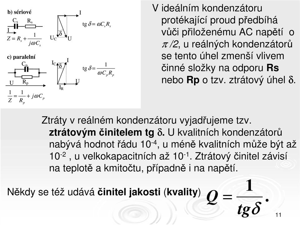 tzv. ztrátový úhel δ. Ztráty v reálném kondenzátoru vyjadřujeme tzv. ztrátovým činitelem tg δ.