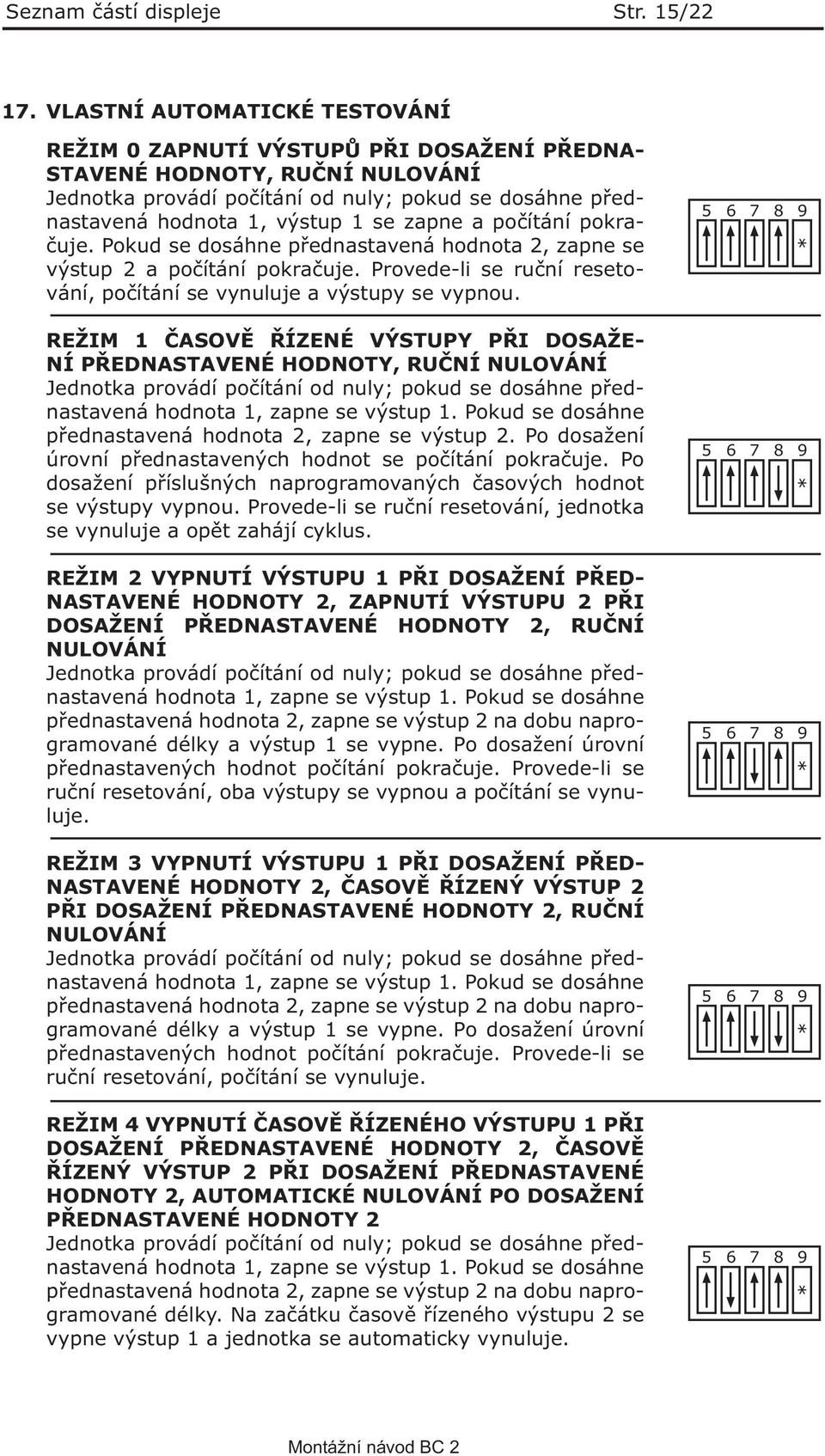 zapne a počítání pokračuje. Pokud se dosáhne přednastavená hodnota 2, zapne se výstup 2 a počítání pokračuje. Provede-li se ruční resetování, počítání se vynuluje a výstupy se vypnou.