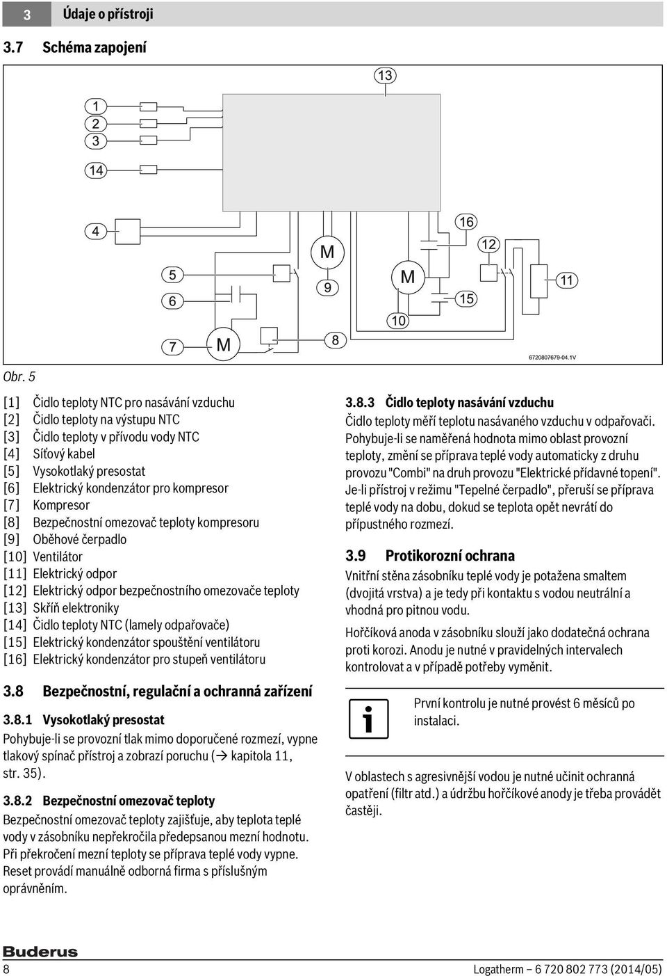 [7] Kompresor [8] Bezpečnostní omezovač teploty kompresoru [9] Oběhové čerpadlo [10] Ventilátor [11] Elektrický odpor [12] Elektrický odpor bezpečnostního omezovače teploty [13] Skříň elektroniky