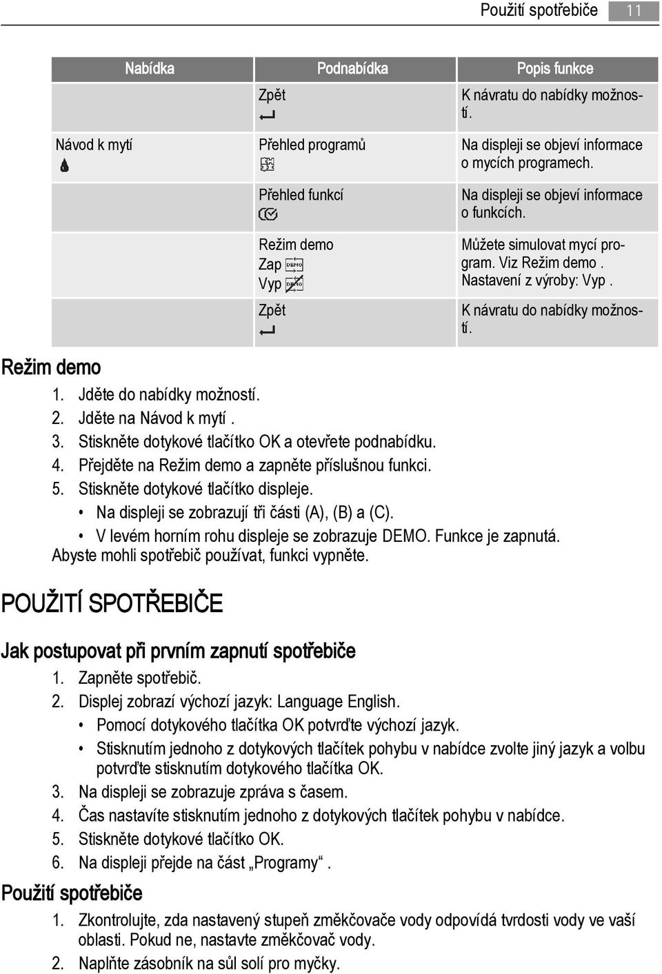 Jděte do nabídky možností. 2. Jděte na Návod k mytí. 3. Stiskněte dotykové tlačítko OK a otevřete podnabídku. 4. Přejděte na Režim demo a zapněte příslušnou funkci. 5.