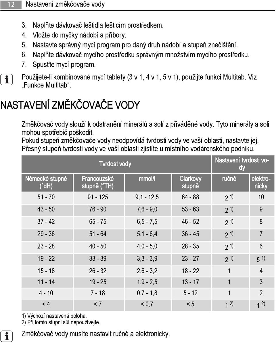 Viz Funkce Multitab. NASTAVENÍ ZMĚKČOVAČE VODY Změkčovač vody slouží k odstranění minerálů a solí z přiváděné vody. Tyto minerály a soli mohou spotřebič poškodit.