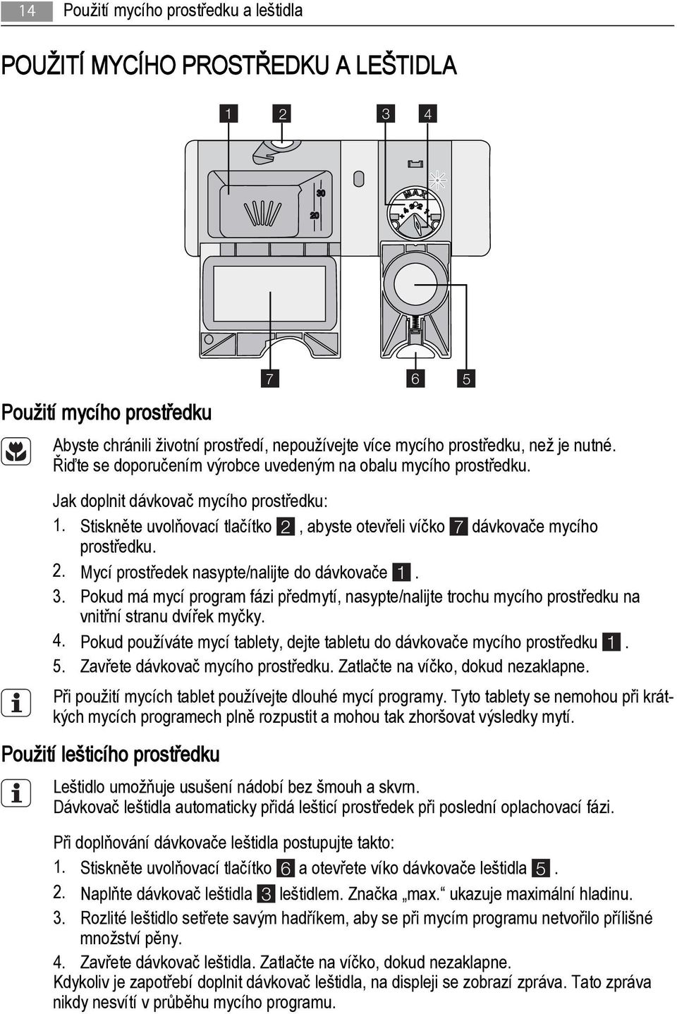 Stiskněte uvolňovací tlačítko 2, abyste otevřeli víčko 7 dávkovače mycího prostředku. 2. Mycí prostředek nasypte/nalijte do dávkovače 1. 3.