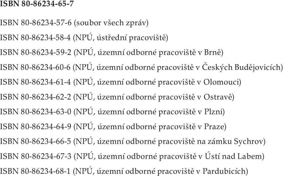 pracoviště v Ostravě) ISBN 80-86234-63-0 (NPÚ, územní odborné pracoviště v Plzni) ISBN 80-86234-64-9 (NPÚ, územní odborné pracoviště v Praze) ISBN 80-86234-66-5 (NPÚ, územní