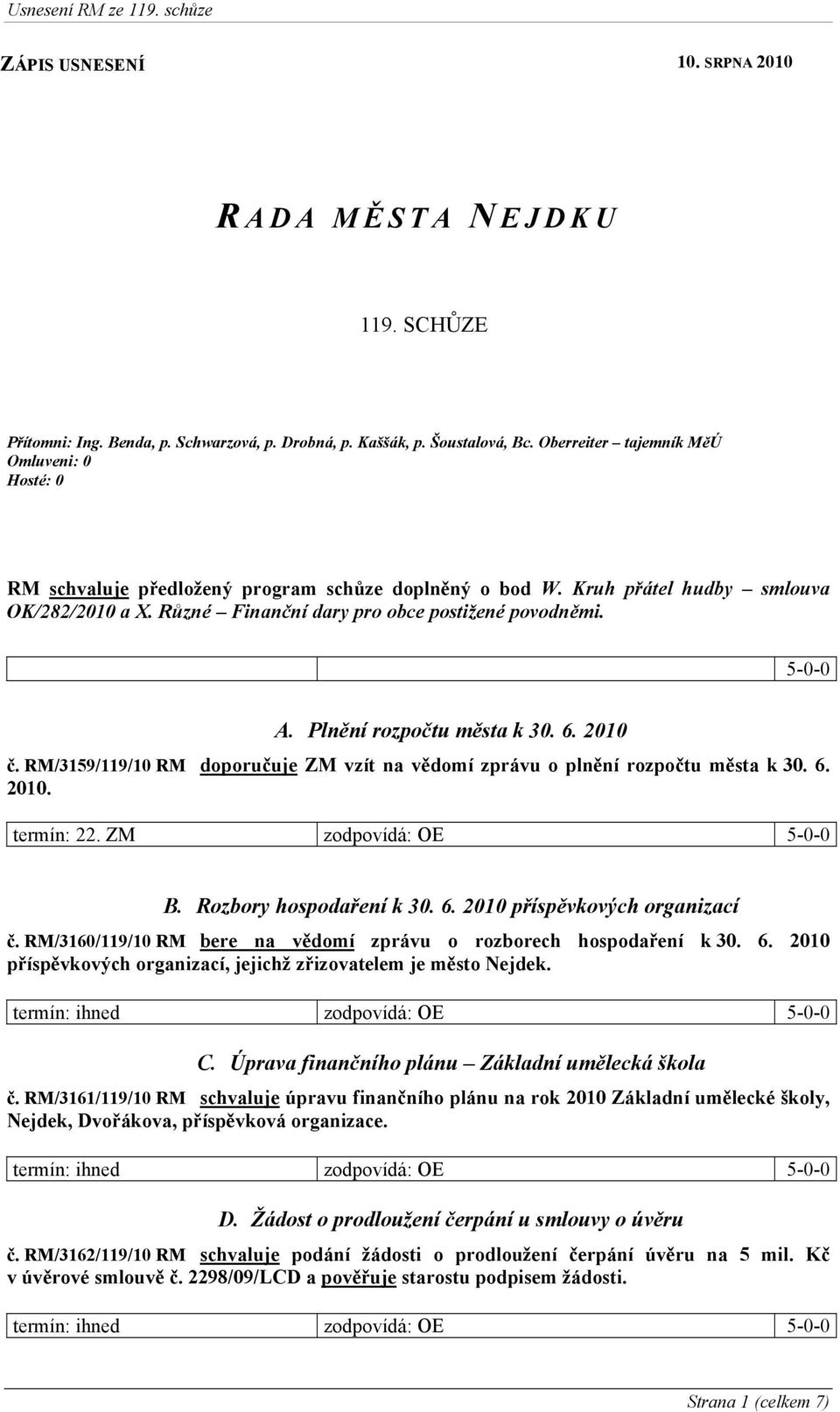 5-0-0 A. Plnění rozpočtu města k 30. 6. 2010 č. RM/3159/119/10 RM doporučuje ZM vzít na vědomí zprávu o plnění rozpočtu města k 30. 6. 2010. termín: 22. ZM zodpovídá: OE 5-0-0 B.