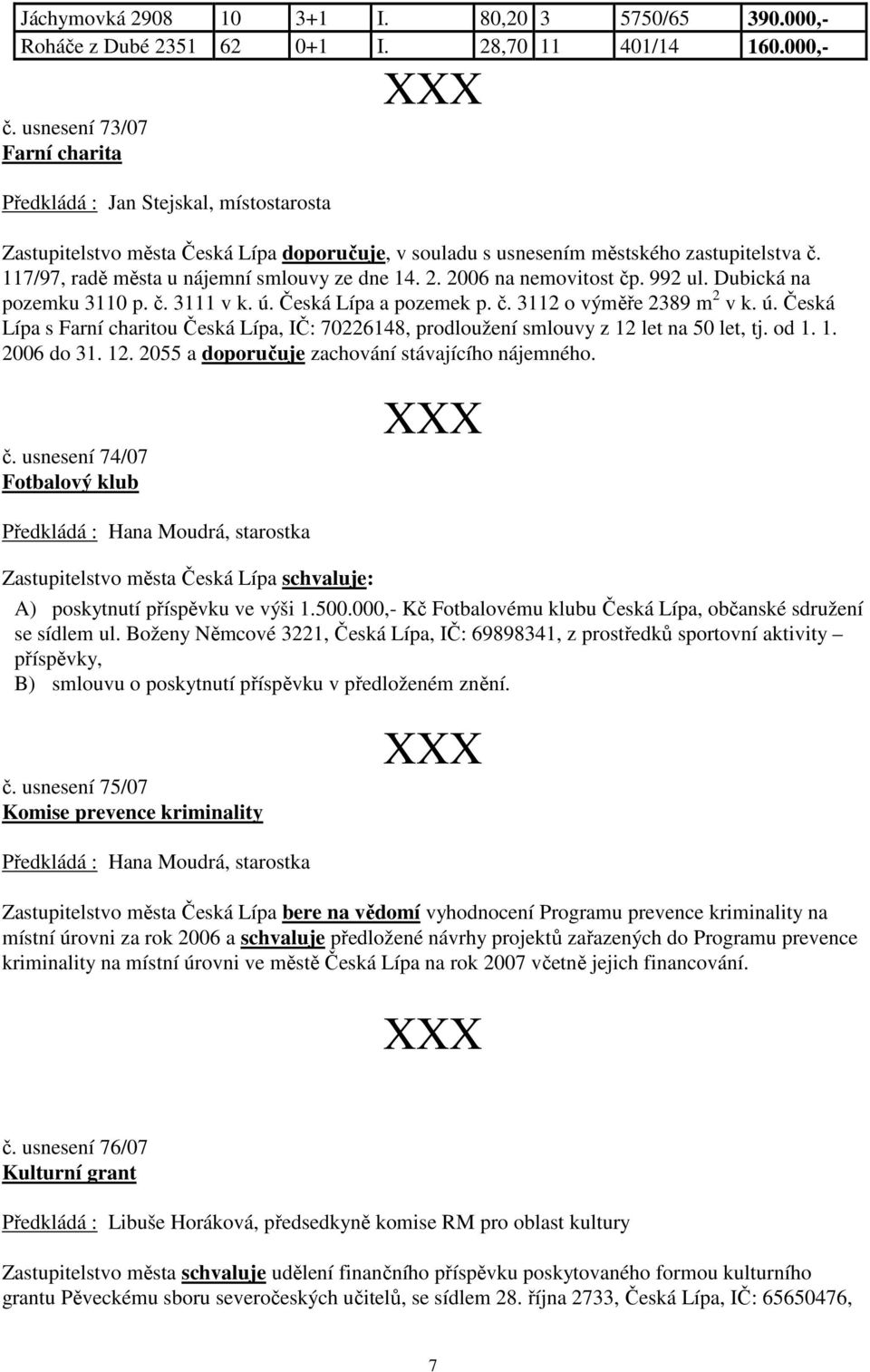 992 ul. Dubická na pozemku 3110 p. č. 3111 v k. ú. Česká Lípa a pozemek p. č. 3112 o výměře 2389 m 2 v k. ú. Česká Lípa s Farní charitou Česká Lípa, IČ: 70226148, prodloužení smlouvy z 12 let na 50 let, tj.