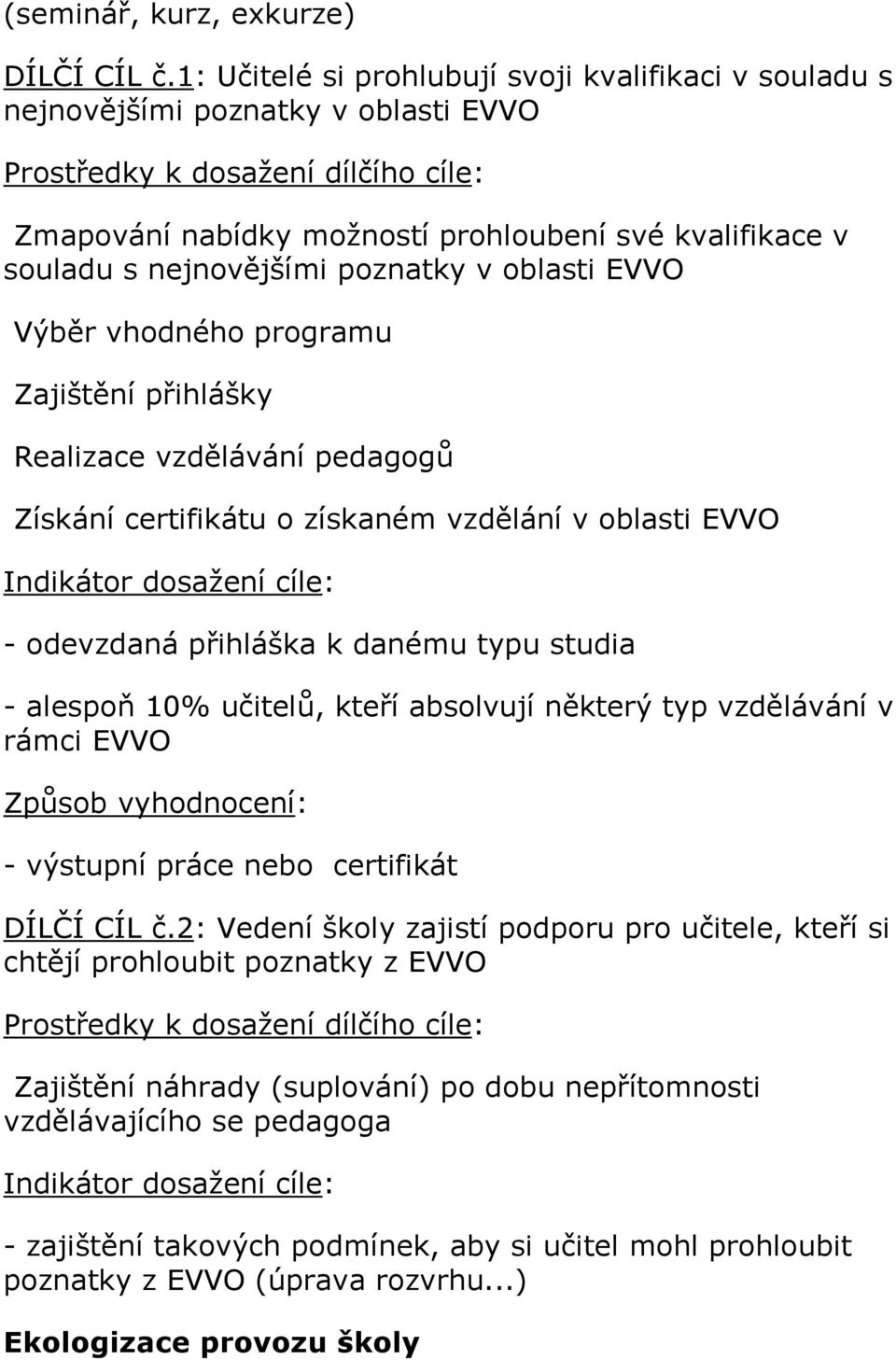 nejnovějšími poznatky v oblasti EVVO Výběr vhodného programu Zajištění přihlášky Realizace vzdělávání pedagogů Získání certifikátu o získaném vzdělání v oblasti EVVO Indikátor dosažení cíle: -