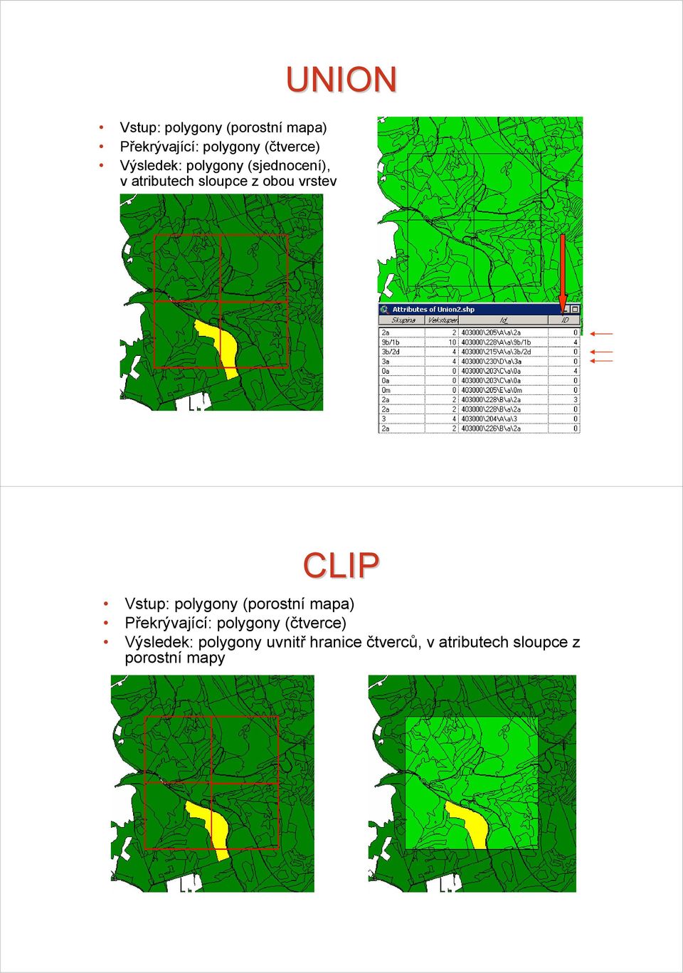 UNION CLIP  Výsledek: polygony uvnitř hranice čtverců, v atributech