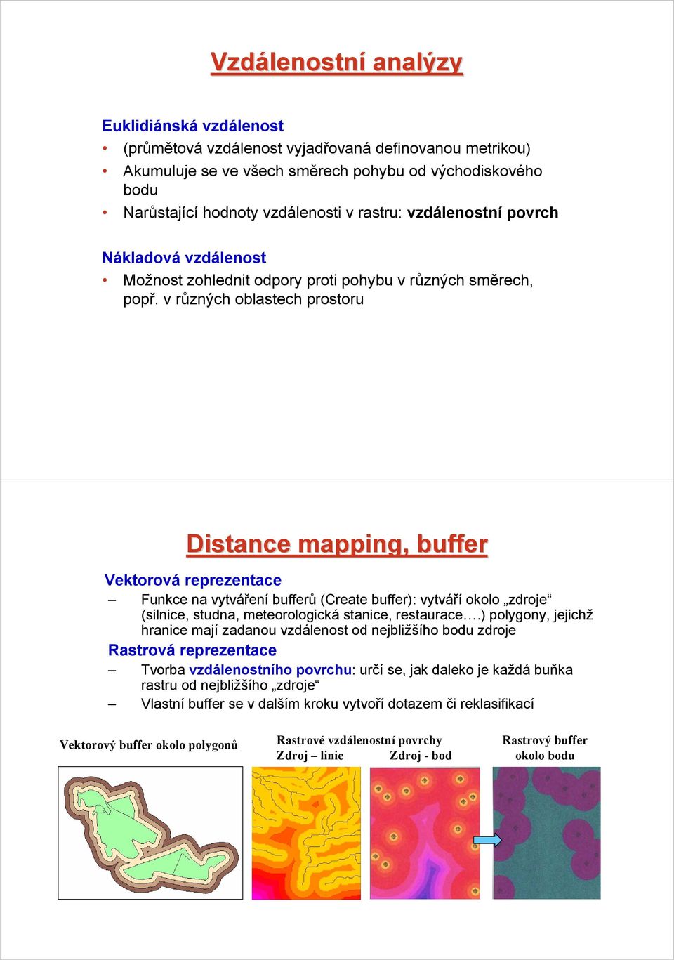 v různých oblastech prostoru Distance mapping, buffer Vektorová reprezentace Funkce na vytváření bufferů (Create buffer): vytváří okolo zdroje (silnice, studna, meteorologická stanice, restaurace.