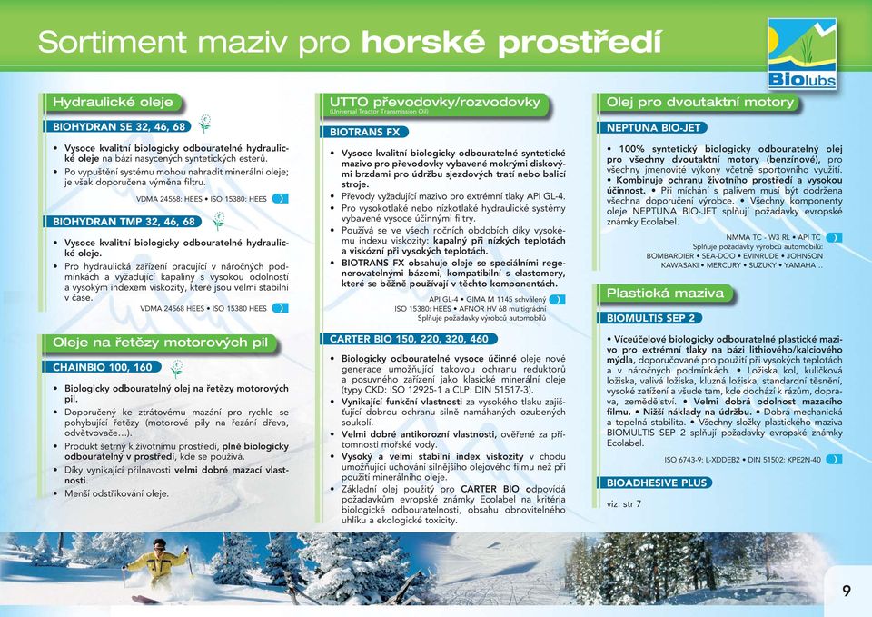BIOHYDRAN TMP 32, 46, 68 VDMA 24568: HEES ISO 15380: HEES Vysoce kvalitní biologicky odbouratelné hydraulické oleje.