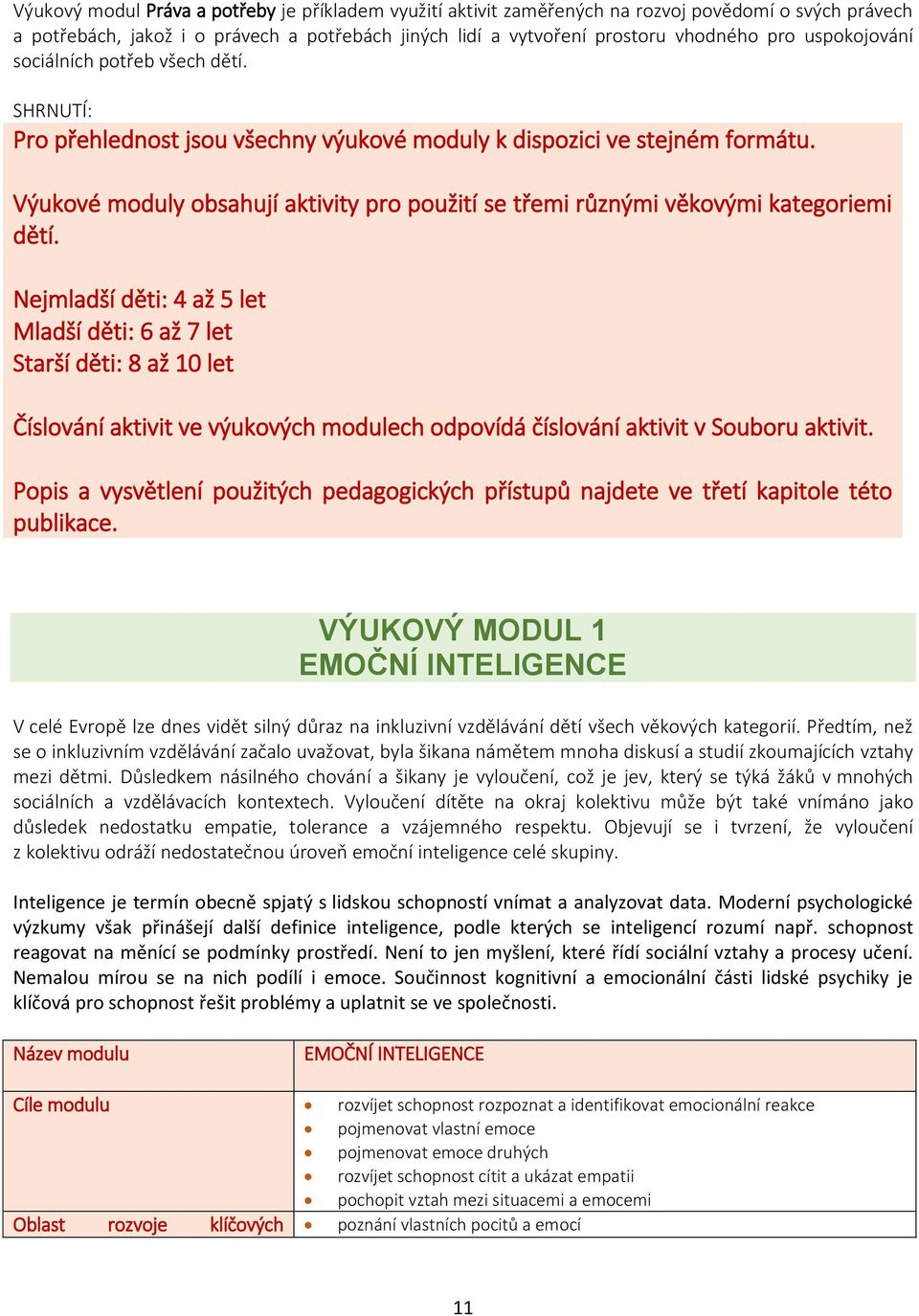 Výukové moduly obsahují aktivity pro použití se třemi různými věkovými kategoriemi dětí.