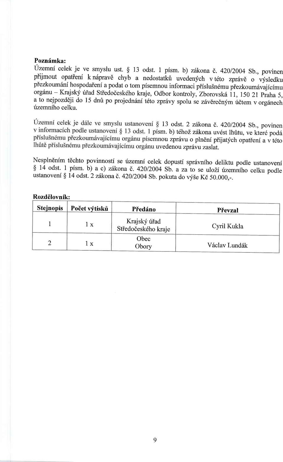 iriad Stiedodesk6ho kraje, odbor kontroly, Zborovsk6 it, tso 2l piaha 5, a to nejpozddji do 15 dnri po projednlni tdto zprfi,ry spolu se z6vdrednym ridtem v org6nech rizemniho celku. 13 odst.