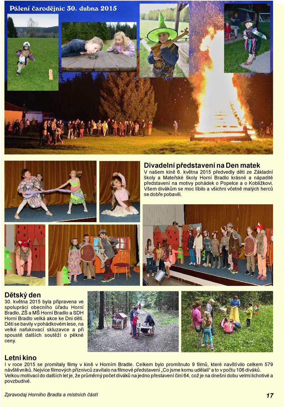 Všem divákům se moc líbilo a všichni včetně malých herců se dobře pobavili. Dětský den 30. května 2015 byla připravena ve spolupráci obecního úřadu Horní Bradlo, ZŠ a MŠ a SDH velká akce ke Dni dětí.