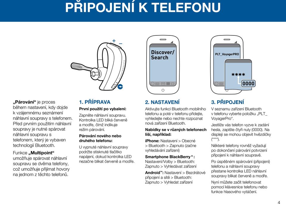 Funkce Multipoint umožňuje spárovat náhlavní soupravu se dvěma telefony, což umožňuje přijímat hovory na jednom z těchto telefonů. 1. PŘÍPRAVA První použití po vybalení: Zapněte náhlavní soupravu.