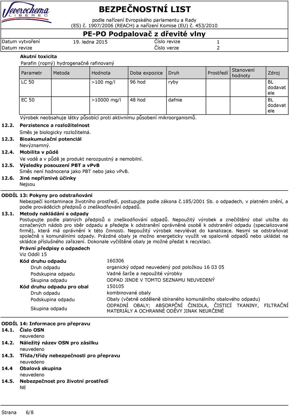 mg/l 48 hod dafnie BL dodavat ele Výrobek neobsahuje látky působící proti aktivnímu působení mikroorganismů....3..4..5..6. Perzistence a rozložitelnost Směs je biologicky rozložitelná.