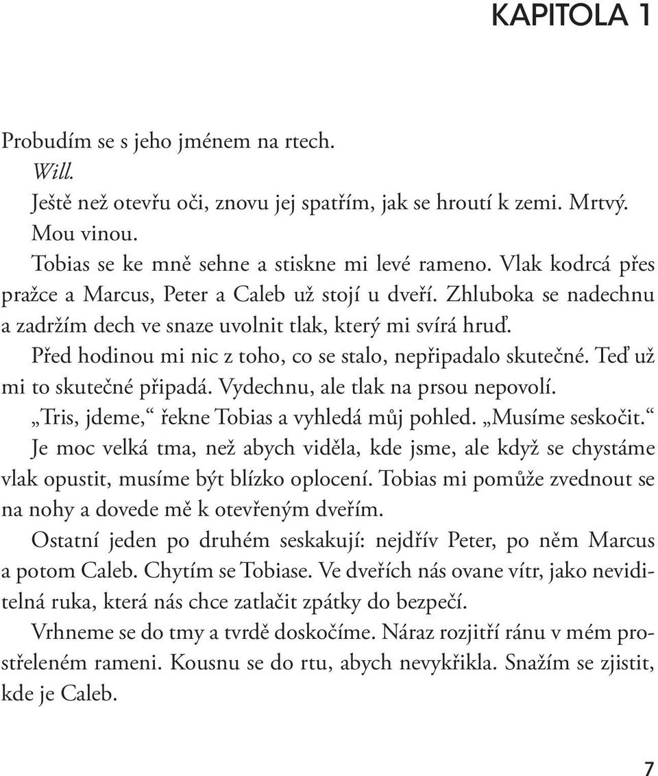 Před hodinou mi nic z toho, co se stalo, nepřipadalo skutečné. Teď už mi to skutečné připadá. Vydechnu, ale tlak na prsou nepovolí. Tris, jdeme, řekne Tobias a vyhledá můj pohled. Musíme seskočit.