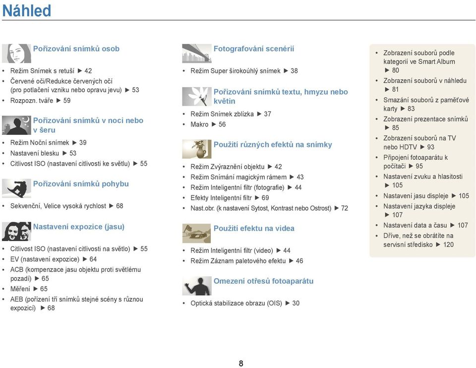 Nastavení expozice (jasu) Citlivost ISO (nastavení citlivosti na světlo) 55 EV (nastavení expozice) 64 ACB (kompenzace jasu objektu proti světlému pozadí) 65 Měření 65 AEB (pořízení tří snímků stejné