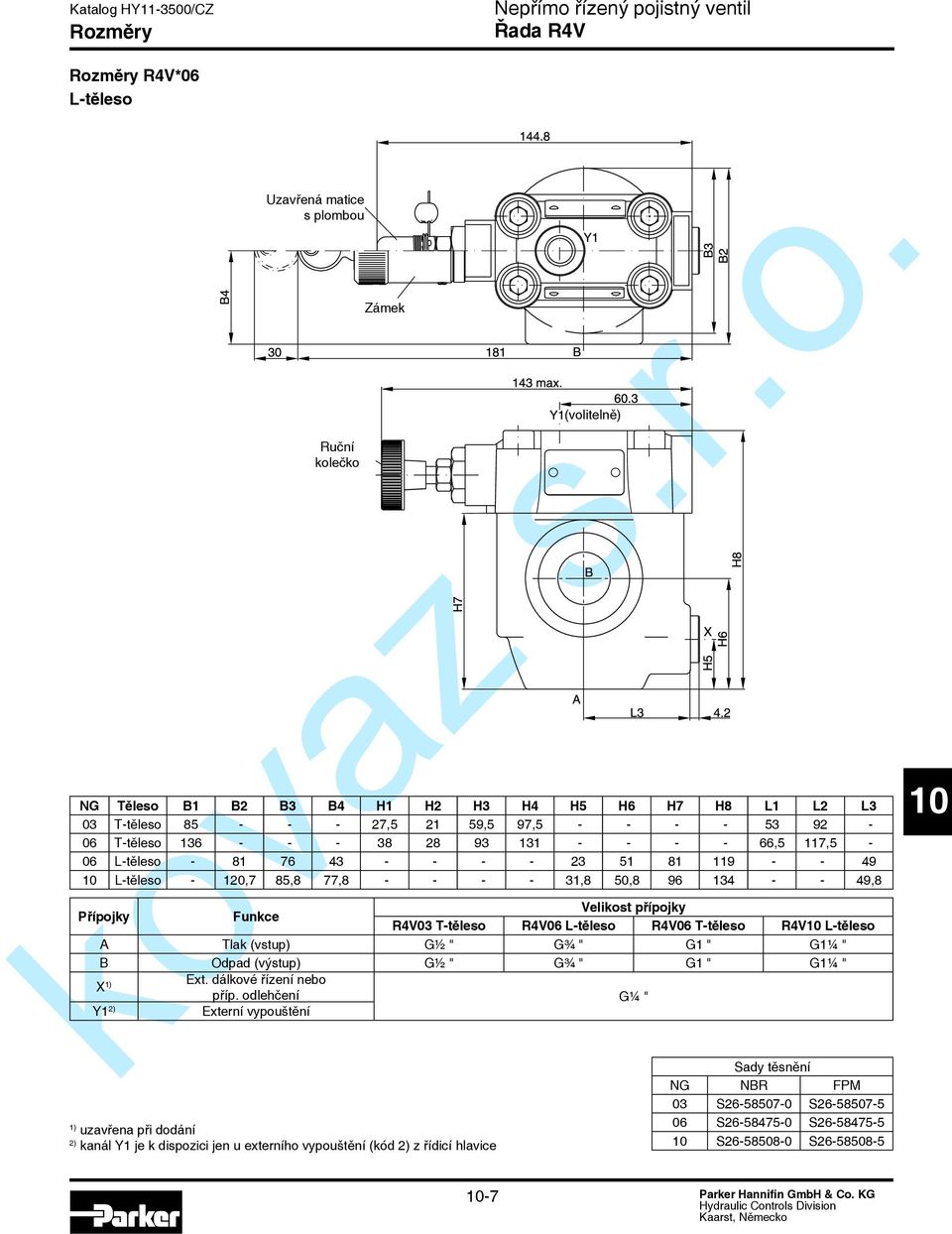 R4V06 L-těleso R4V06 T-těleso R4V L-těleso A Tlak (vstup) G½ " G¾ " G1 " G1¼ " B Odpad (výstup) G½ " G¾ " G1 " G1¼ " X 1) Ext. dálkové řízení nebo příp.