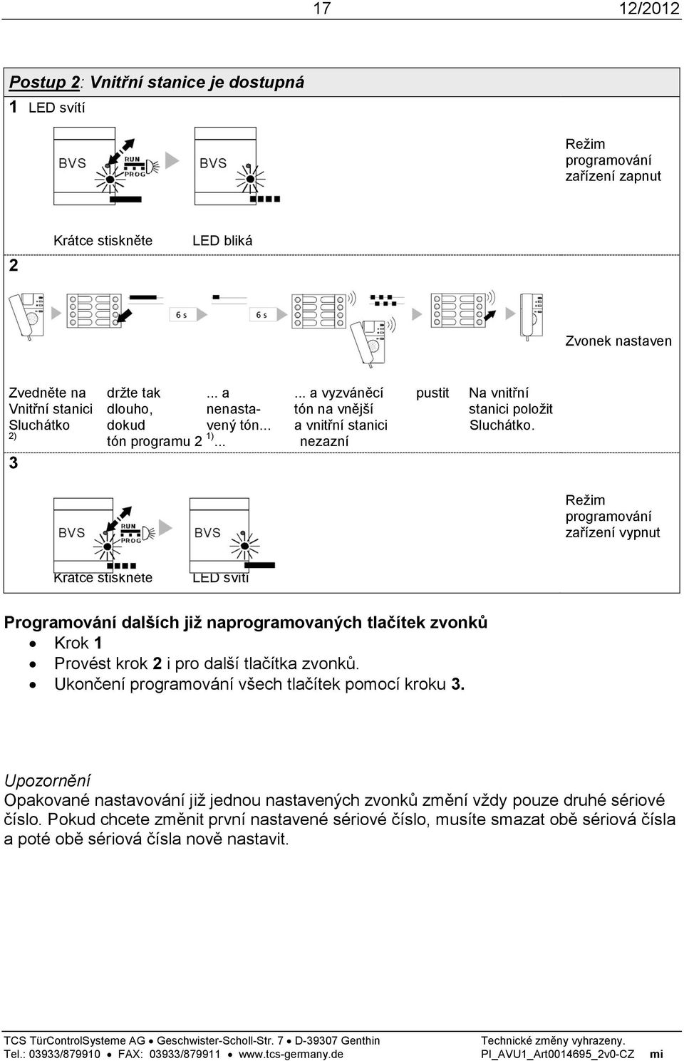 .. nezazní 3 Režim zařízení vypnut LED svítí Programování dalších již naprogramovaných tlačítek zvonků Krok 1 Provést krok 2 i pro další tlačítka zvonků.