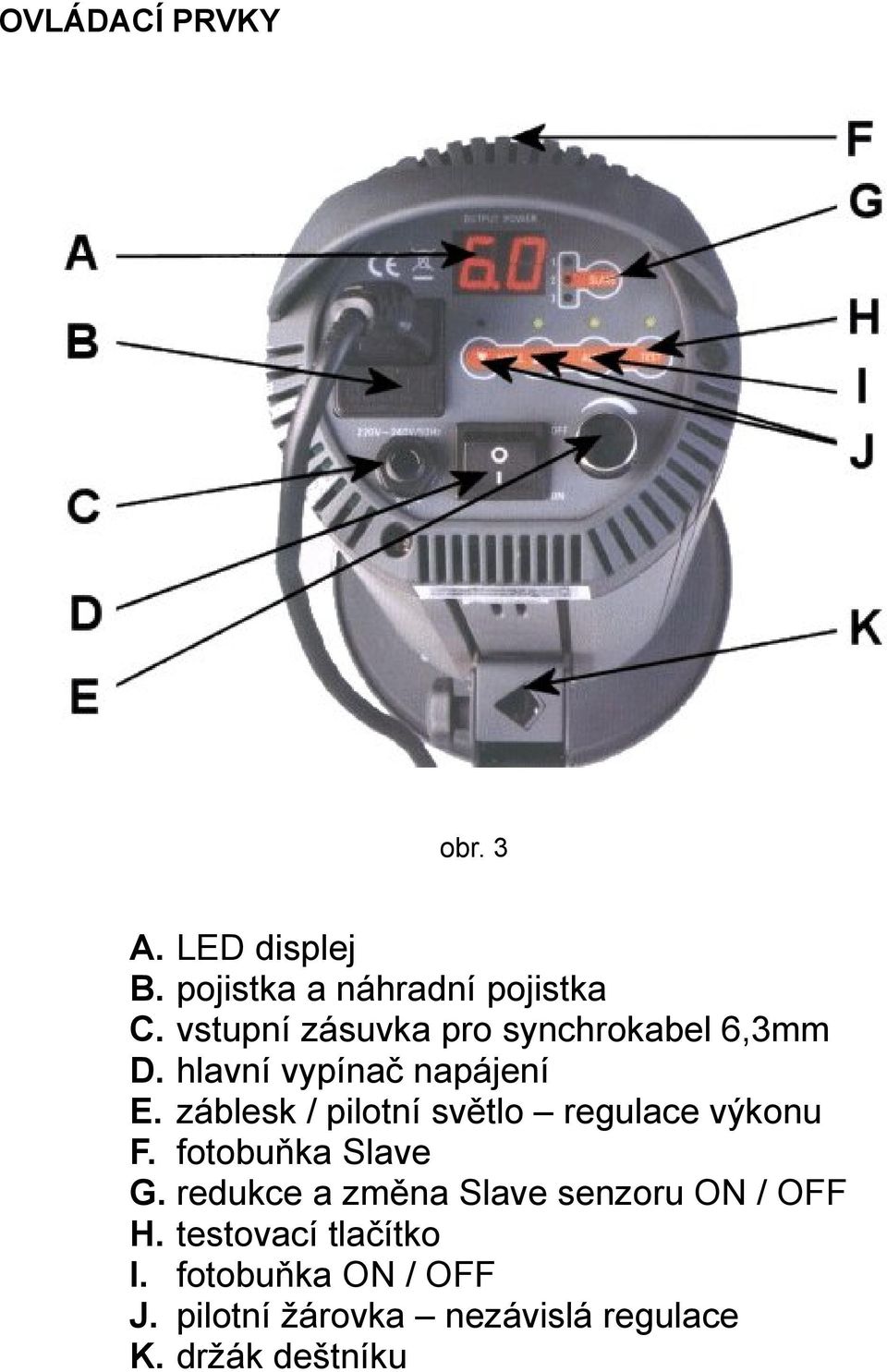 záblesk / pilotní světlo regulace výkonu F. fotobuňka Slave G.