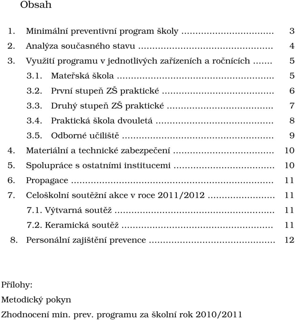 Materiální a technické zabezpečení 5. Spolupráce s ostatními institucemi 6. Propagace 7. Celoškolní soutěžní akce v roce 2011/2012 7.1. Výtvarná soutěž 7.