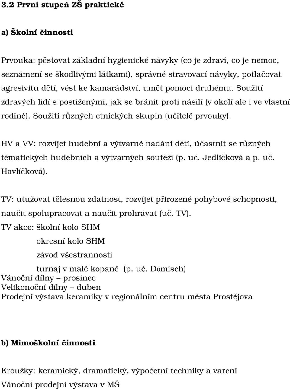 Soužití různých etnických skupin (učitelé prvouky). HV a VV: rozvíjet hudební a výtvarné nadání dětí, účastnit se různých tématických hudebních a výtvarných soutěží (p. uč. Jedličková a p. uč. Havlíčková).