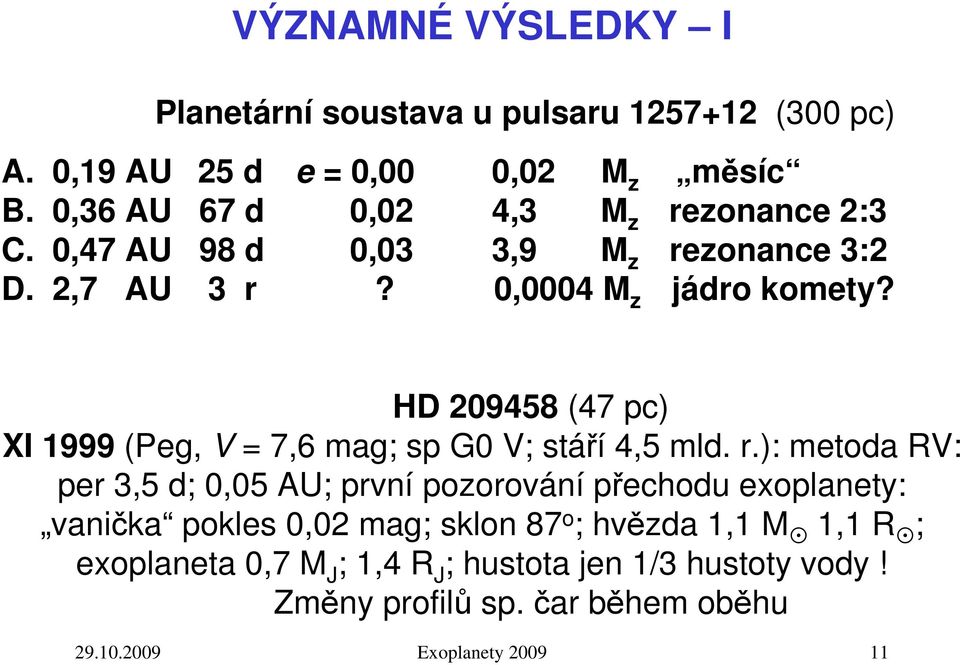 HD 209458 (47 pc) XI 1999 (Peg, V = 7,6 mag; sp G0 V; stáří 4,5 mld. r.