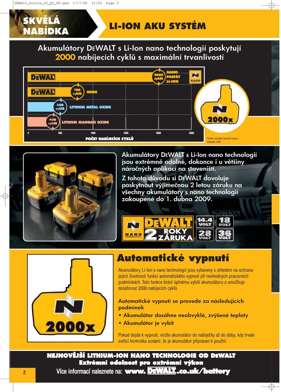 NiMH 500 cyklů LITHIUM METAL OXIDE 400 cyklů LITHIUM MANGAN OXIDE 0 500 1000 1500 2000 2500 POČET NABÍJECÍCH CYKLŮ Průměr výsledků interních testů v listopadu 2005 Akumulátory DEWALT s Li-Ion nano