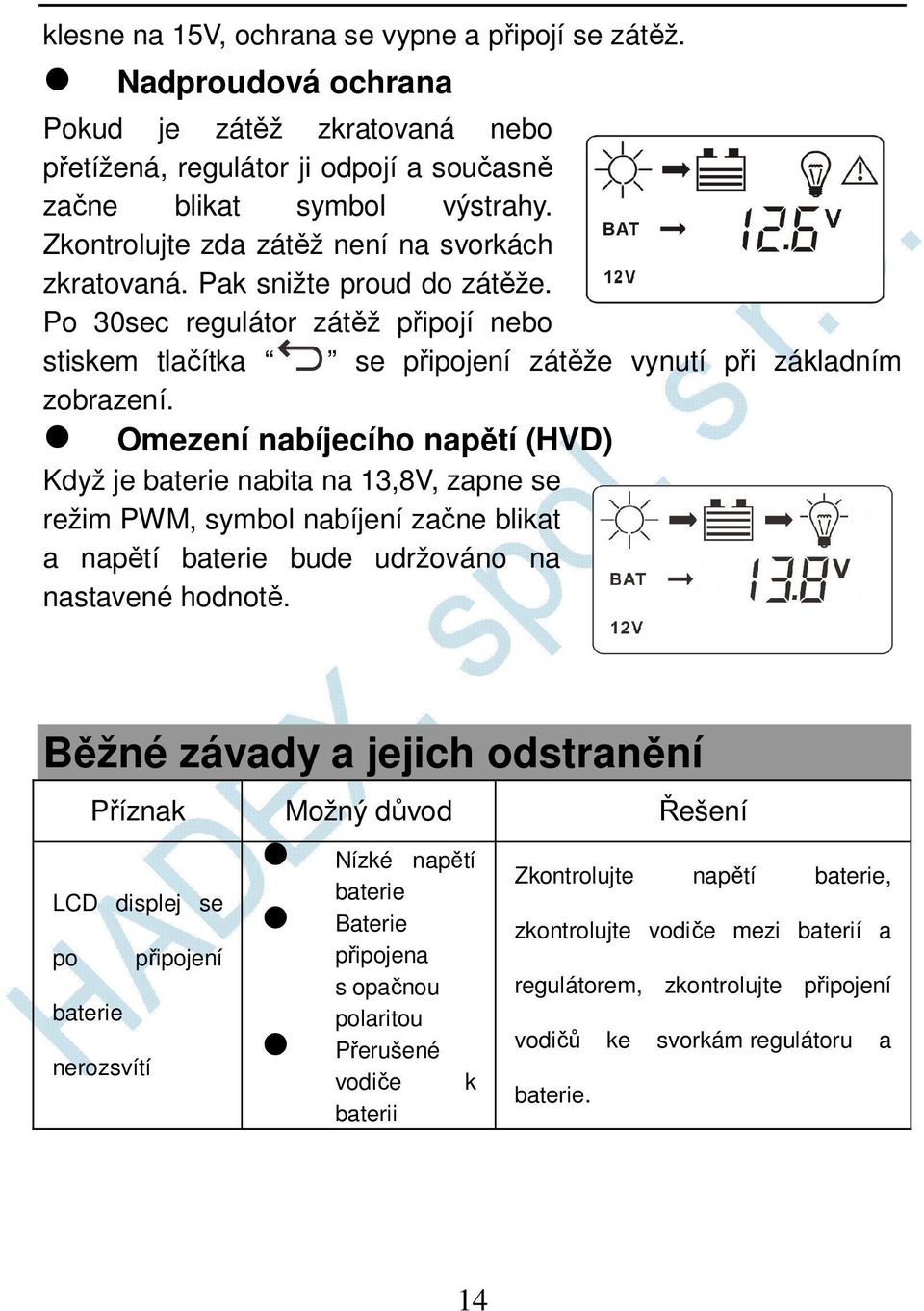 Omezení nabíjecího napětí (HVD) Když je baterie nabita na 13,8V, zapne se režim PWM, symbol nabíjení začne blikat a napětí baterie bude udržováno na nastavené hodnotě.