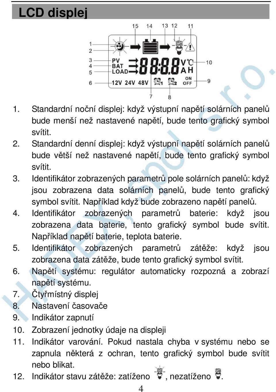 Identifikátor zobrazených parametrů pole solárních panelů: když jsou zobrazena data solárních panelů, bude tento grafický symbol svítit. Například když bude zobrazeno napětí panelů. 4.