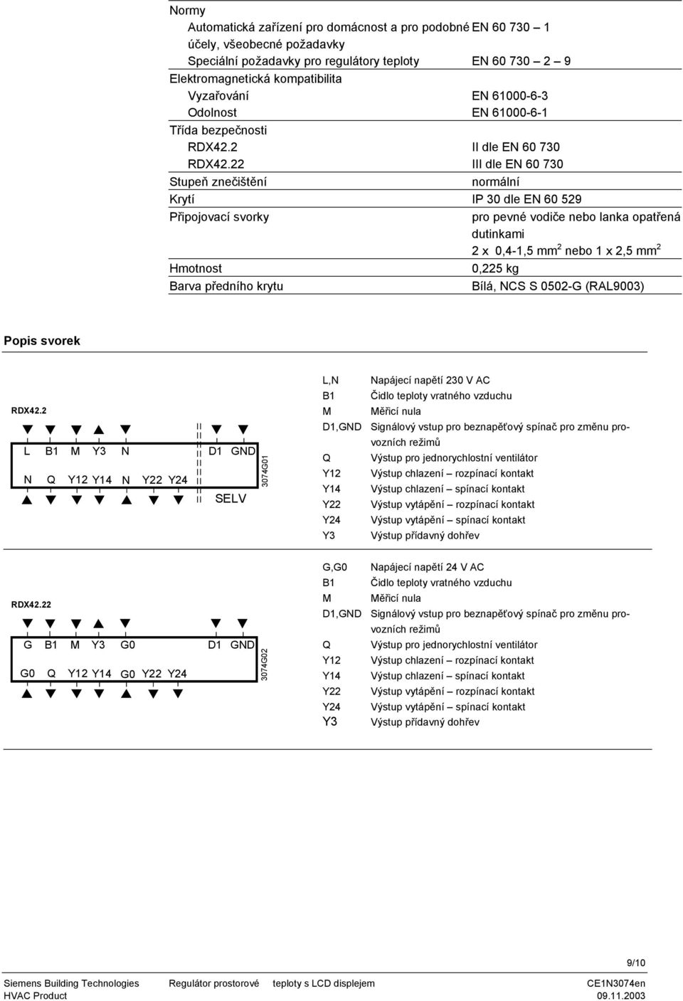 dutinkami 2 x 0,4-1,5 mm 2 nebo 1 x 2,5 mm 2 Hmotnost 0,225 kg Barva předního krytu Bílá, NCS S 0502-G (RAL9003) Popis svorek L B1 M Y3 N N Q Y12 Y14 N Y22 Y24 D1 GND SELV 3074G01 L,N Napájecí napětí