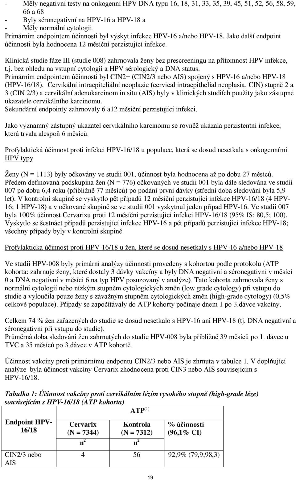Klinická studie fáze III (studie 008) zahrnovala ženy bez prescreeningu na přítomnost HPV infekce, t.j. bez ohledu na vstupní cytologii a HPV sérologický a DNA status.