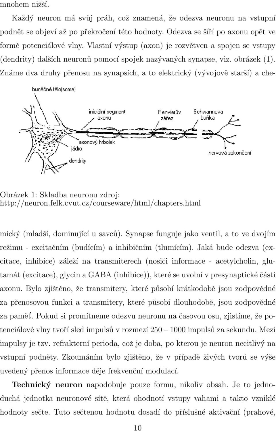 Známe dva druhy přenosu na synapsích, a to elektrický (vývojově starší) a che- Obrázek 1: Skladba neuronu zdroj: http://neuron.felk.cvut.cz/courseware/html/chapters.