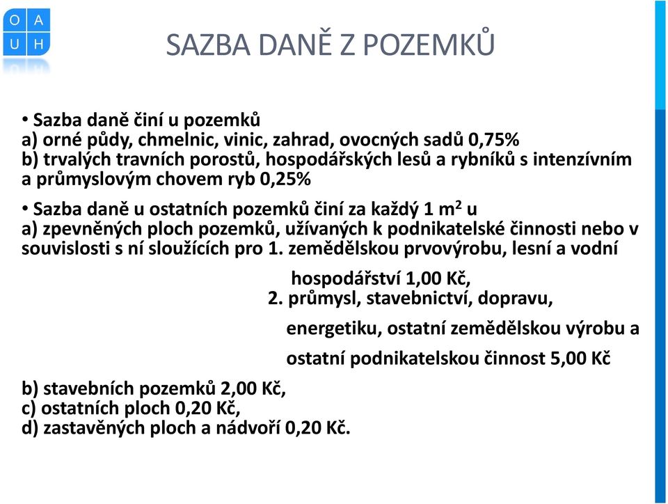 činnosti nebo v souvislosti s ní sloužících pro 1. zemědělskou prvovýrobu, lesní a vodní hospodářství 1,00 Kč, 2.