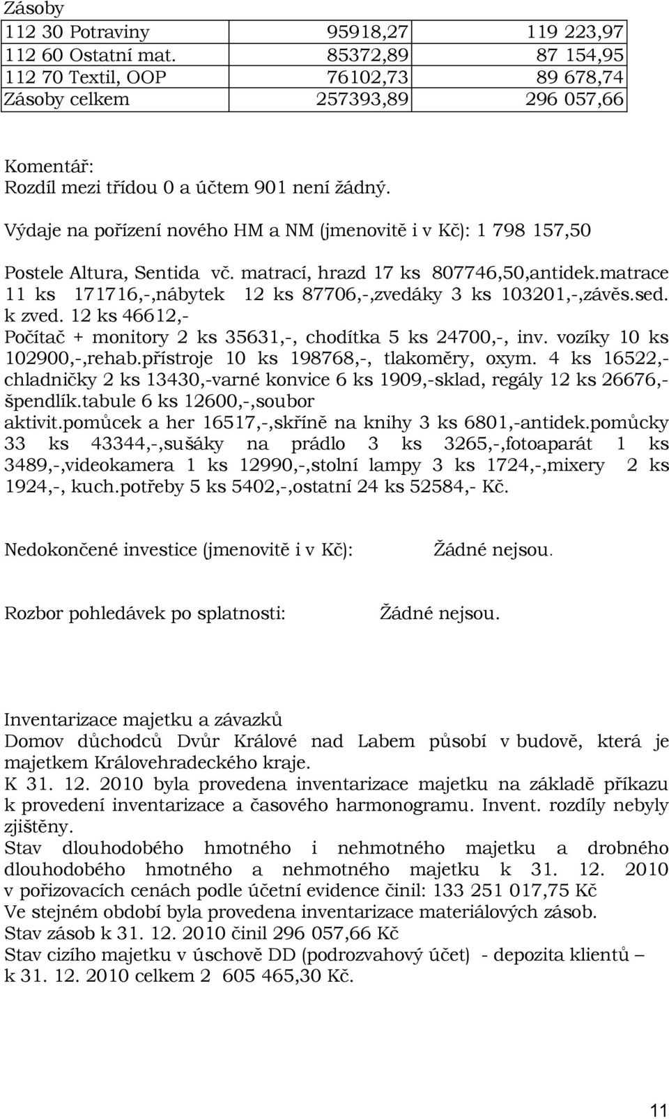 Výdaje na pořízení nového HM a NM (jmenovitě i v Kč): 1 798 157,50 Postele Altura, Sentida vč. matrací, hrazd 17 ks 807746,50,antidek.