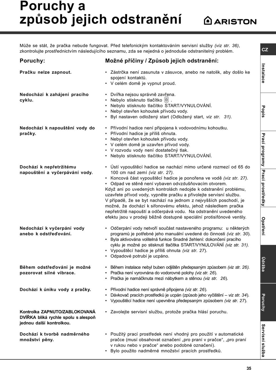 Nedochází k napouštìní vody do praèky. Dochází k nepøetržitému napouštìní a vyèerpávání vody. Nedochází k vyèerpání vody anebo k odstøeïování. Bìhem odstøeïování je možné pozorovat silné vibrace.