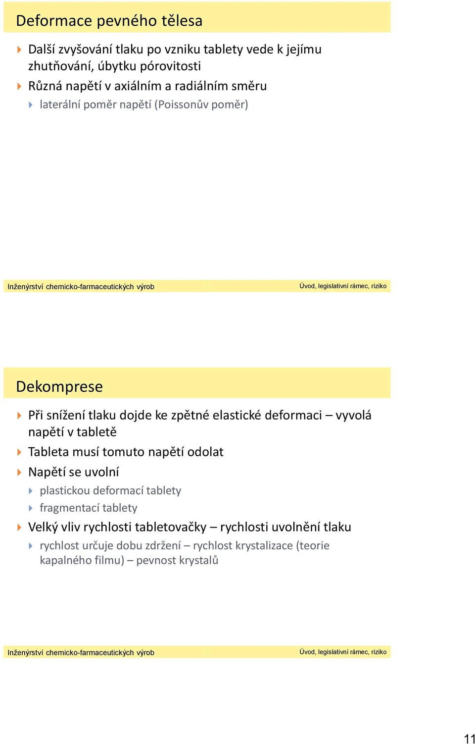 napětí v tabletě Tableta musí tomuto napětí odolat Napětí se uvolní plastickou deformací tablety fragmentací tablety Velký vliv