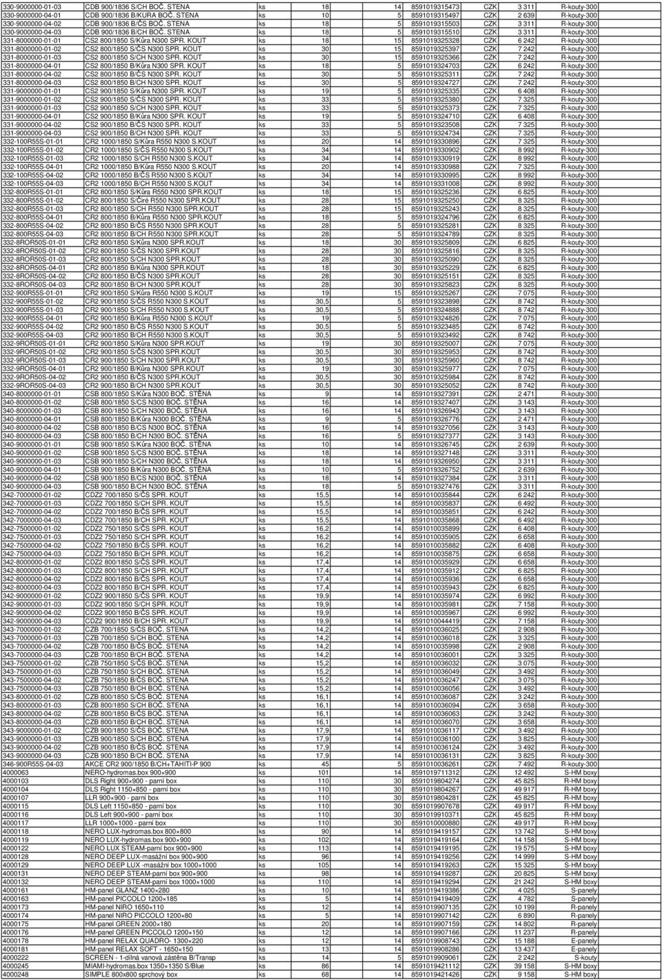 STENA ks 18 5 8591019315510 CZK 3 311 R-kouty-300 331-8000000-01-01 CS2 800/1850 S/Kůra N300 SPR. KOUT ks 18 15 8591019325328 CZK 6 242 R-kouty-300 331-8000000-01-02 CS2 800/1850 S/ČS N300 SPR.