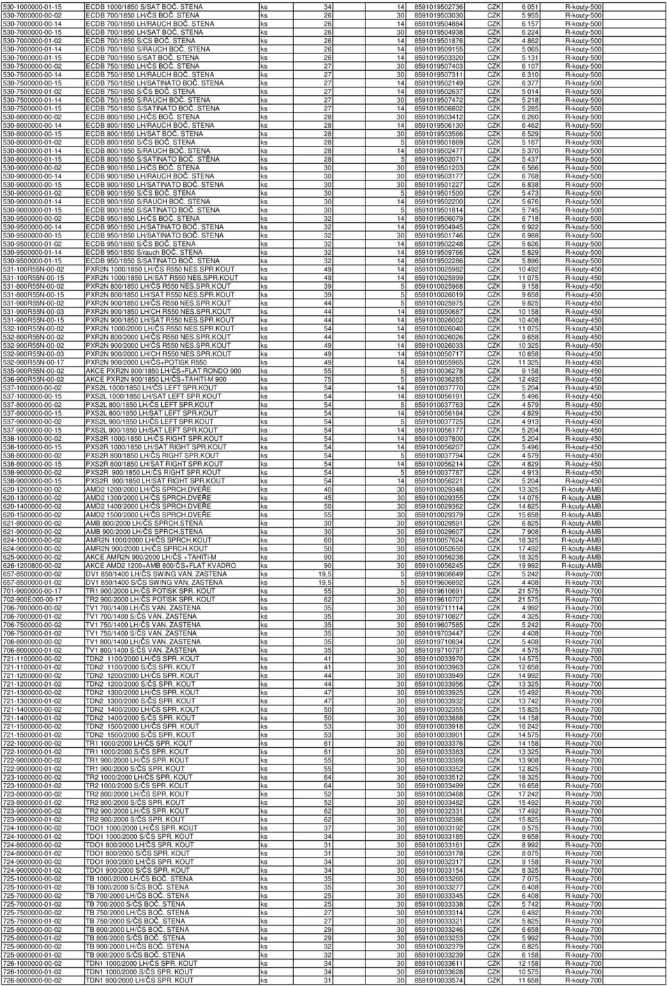 STENA ks 26 30 8591019504938 CZK 6 224 R-kouty-500 530-7000000-01-02 ECDB 700/1850 S/CS BOČ. STENA ks 26 14 8591019501876 CZK 4 862 R-kouty-500 530-7000000-01-14 ECDB 700/1850 S/RAUCH BOČ.